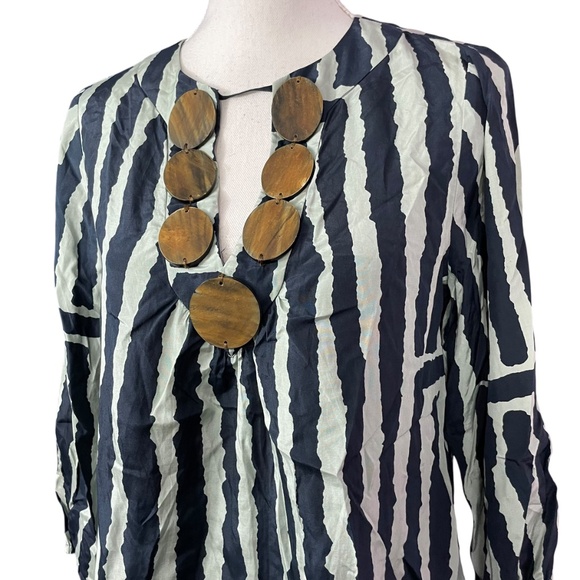 Tibi Silk Wooden Decor Blouse 6 navy white geometric cotton striped balloon - Picture 12 of 13
